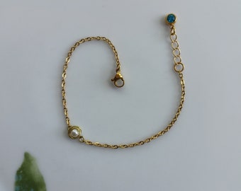 Handmade Bespoke Gold Chain Bracelet with Ivory, Copper Gold Wire Aquamarine Style Birthstone Charm Pendant Extendable Length