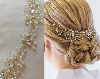 Silver Gold Hair Vine, Hair Piece, PEARL Headpiece, Crystal Long Hair Jewelry Pearl Bride's Hair Accessories for Brides & Bridesmaid Gift