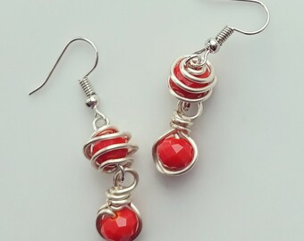 Silver Hypoallergenic Ear Wire Hooks Earrings with Silver Wire and Red Beads