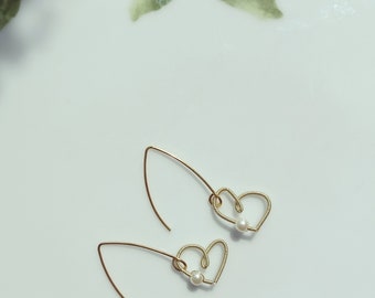 MADE TO ORDER Gold Ear Wire Dangle Drop Heart Shaped Handmade Earrings with Imitation Pearls