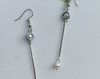 SILVER Hypoallergenic Handmade Dangle Earrings Silver Copper Wire Drop Designs with Imitation Pearl Beads