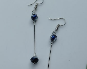 Silver Hypoallergenic Dangle Earrings Ear Wire Hooks Silver Copper Wire Blue Beads