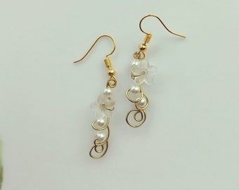 Gold Ear Wire Dangle Earrings Charm Pendants Gold Copper Wire Ivory Pearls