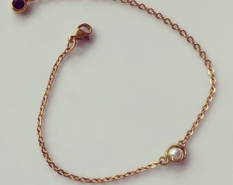 Handmade Bespoke Gold Chain Bracelet with Ivory Pearl and Copper Gold Wire Amethyst Style Birthstone Charm Pendant Extendable Length