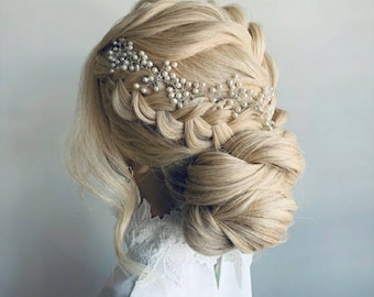 Silver Gold Hair Vine, Hair Piece, PEARL Headpiece, Crystal Long Hair Jewelry Pearl Bride's Hair Accessories for Brides &