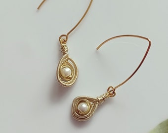Gold Ear Wire Dangle Drop Earrings Copper Gold Wire Ivory Beads