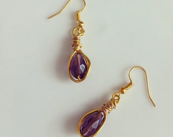 Gold Ear Wire Hypoallergenic Dangle Earrings Copper Gold/Bronze Wire Drop Amethyst Glass Beads