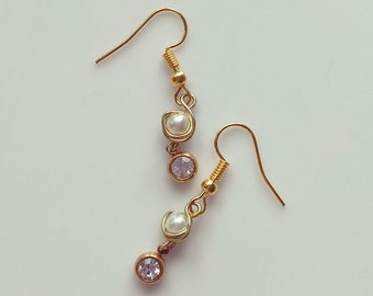 Hypoallergenic Gold Ear Wire Dangle Earrings Small Charm Pendants Diamante Silver Pearl Imitation Beads