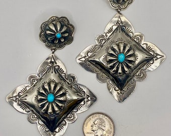 Navajo X-tra Large concho earrings with turquoise in Sterling Silver
