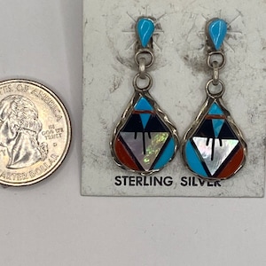 Handmade Zuni  Earrings, Zuni Inlay, coral, mother of pearl, multi stone Zuni earrings. Sterling silver