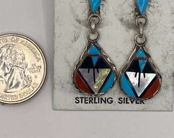 Handmade Zuni  Earrings, Zuni Inlay, coral, mother of pearl, multi stone Zuni earrings. Sterling silver