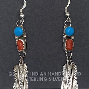 Navajo turquoise and coral earrings in Sterling Silver with Feathers