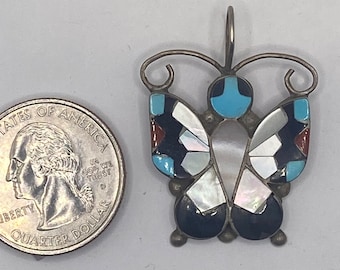 Handmade Zuni  Butterfly Pendant , Zuni Inlay, coral, mother of pearl, multi stone Zuni Pendant Sterling silver