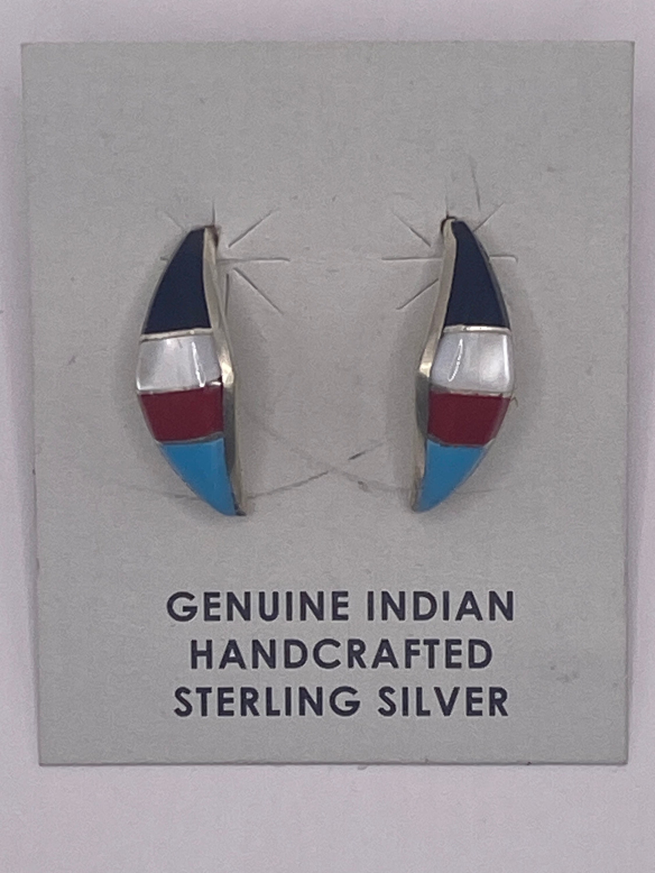 Handmade Zuni  Earrings, Zuni Inlay, coral, mother of pearl, multi stone Zuni earrings. Sterling silver post earrings