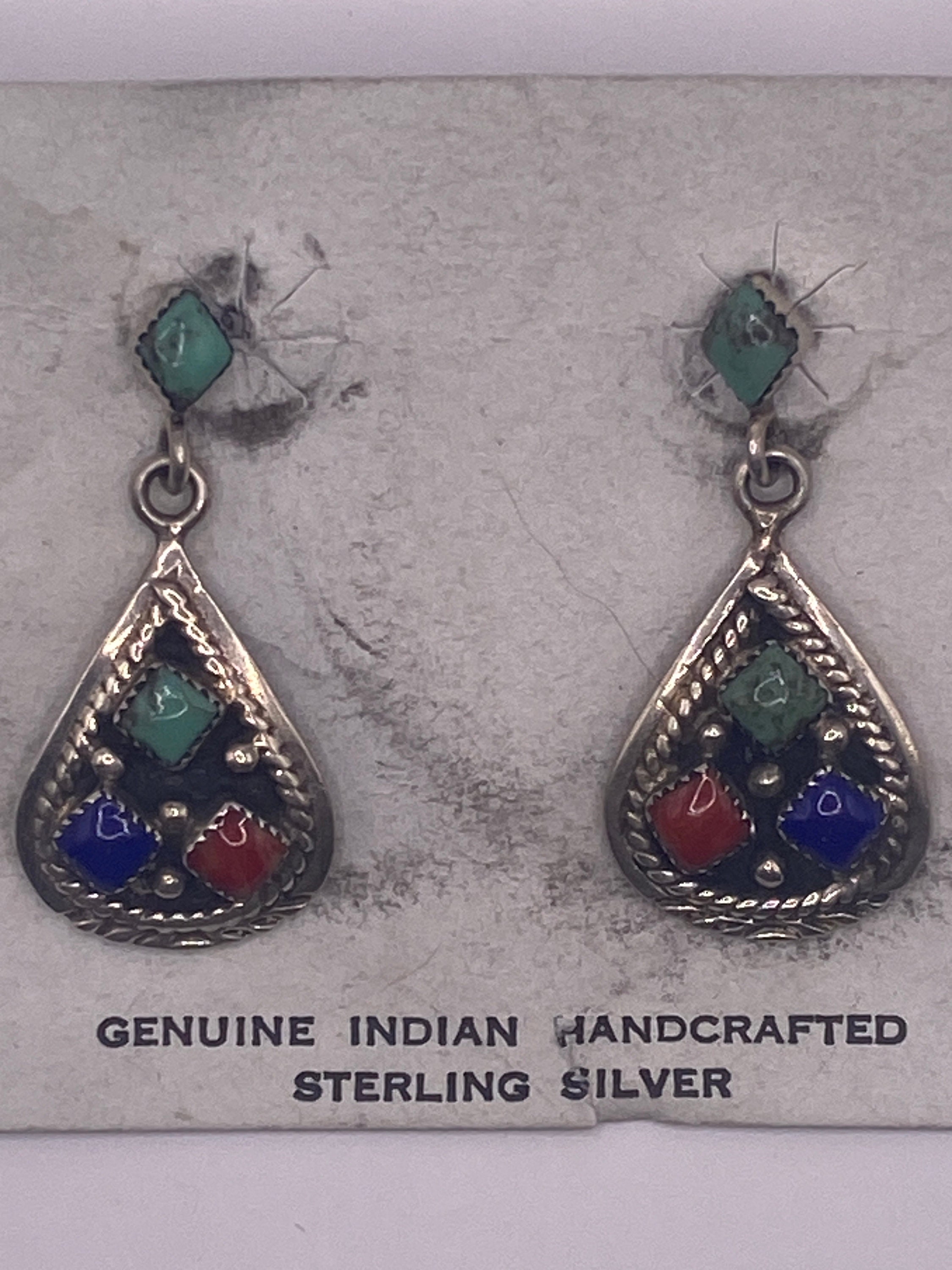 Handmade Vintage Navajo Earrings,  Coral, Lapis, Turquoise multi stone dangle earrings in Sterling silver