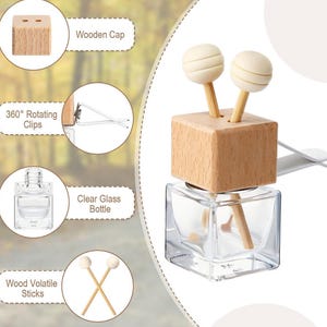 May include: A car air freshener with a clear glass bottle, wooden cap, and wooden sticks. The bottle is attached to a 360° rotating clip. The air freshener is designed to hang from a car's rearview mirror.
