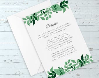 Watercolor Gorgeous Greenery Details Card - (Elegant, Romantic, Rustic, Boho, Chic, Personalized, Custom Wedding Suite w/ Watercolor Leaves)