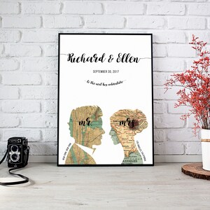 Karte Kunstdruck, Hochzeitsgeschenk, Verlobungs- oder Jahrestagsgeschenk für Paare, altmodische Landkarten, zwei Städte, romantisch, nachdenkliches Portrait