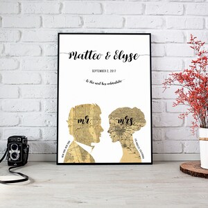 Karte Kunstdruck, Hochzeitsgeschenk, Verlobungs- oder Jahrestagsgeschenk für Paare, altmodische Landkarten, zwei Städte, romantisch, nachdenkliches Portrait