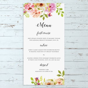 Menú de boda floral en acuarela - (elegante, romántico, rústico, boho, menú de boda personalizado con flores de acuarela rosa, melocotón y oro)