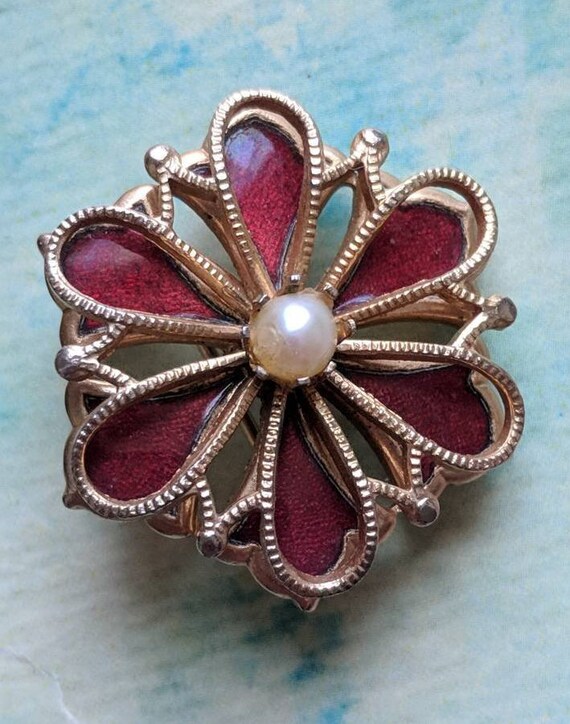 Red and Brass Filigree Flower Brooch