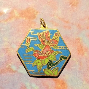 October Camellia Flower Blue Cloisonne Enamel Hexagon Pendant Charm