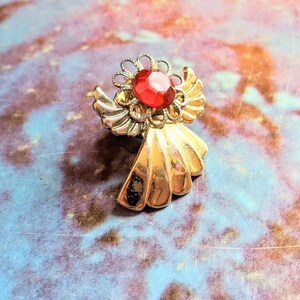 Vintage Red Rhinestone Gold Tone Angel Pin / Brooch