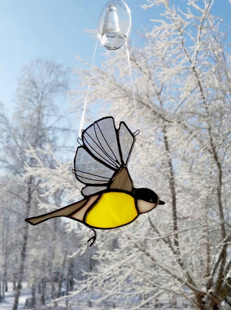 Little yellow chickadee Garden bird on the window Suncatchers Hangings Flying Chickadee Stained Glass Bird Tit