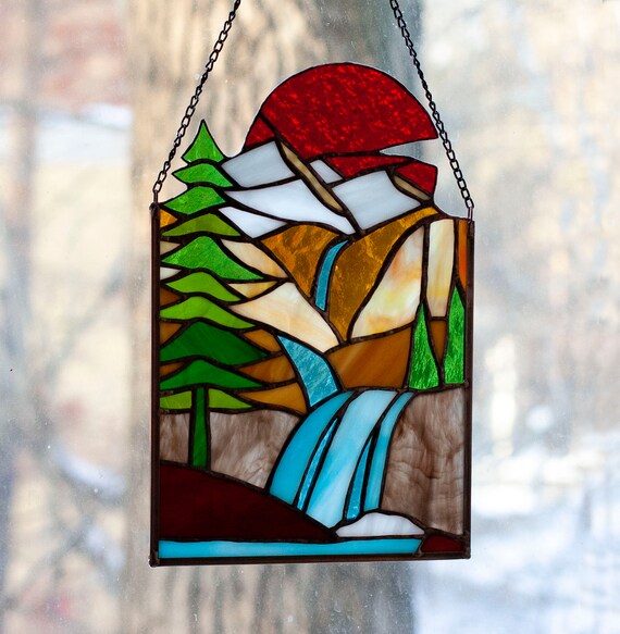 Stained glass mountain landscape/ Stained glass Waterfall Etsy