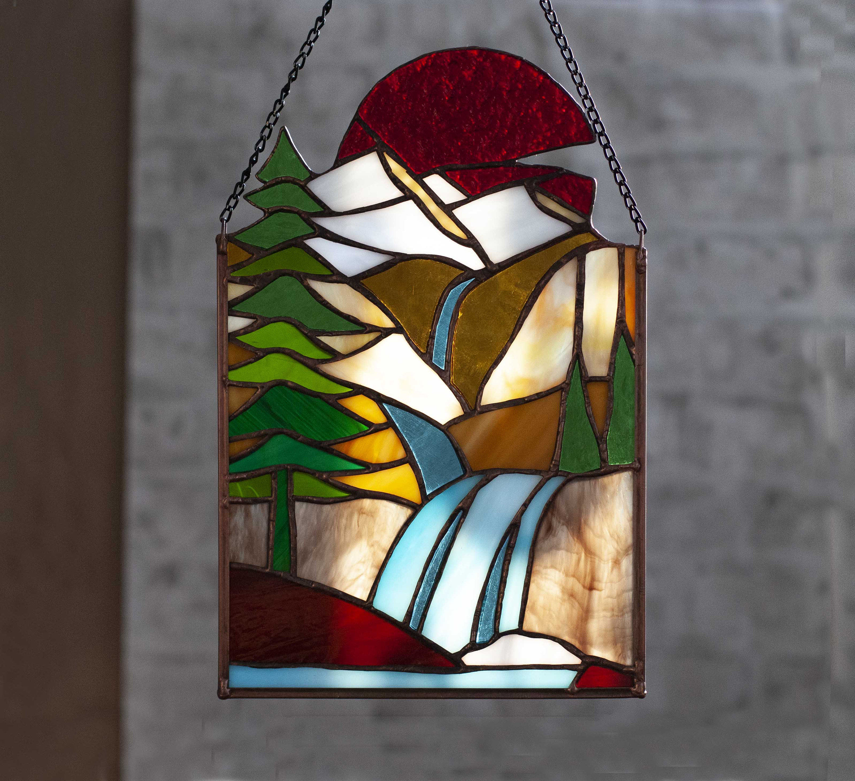 Stained glass mountain landscape/ Stained glass Waterfall | Etsy