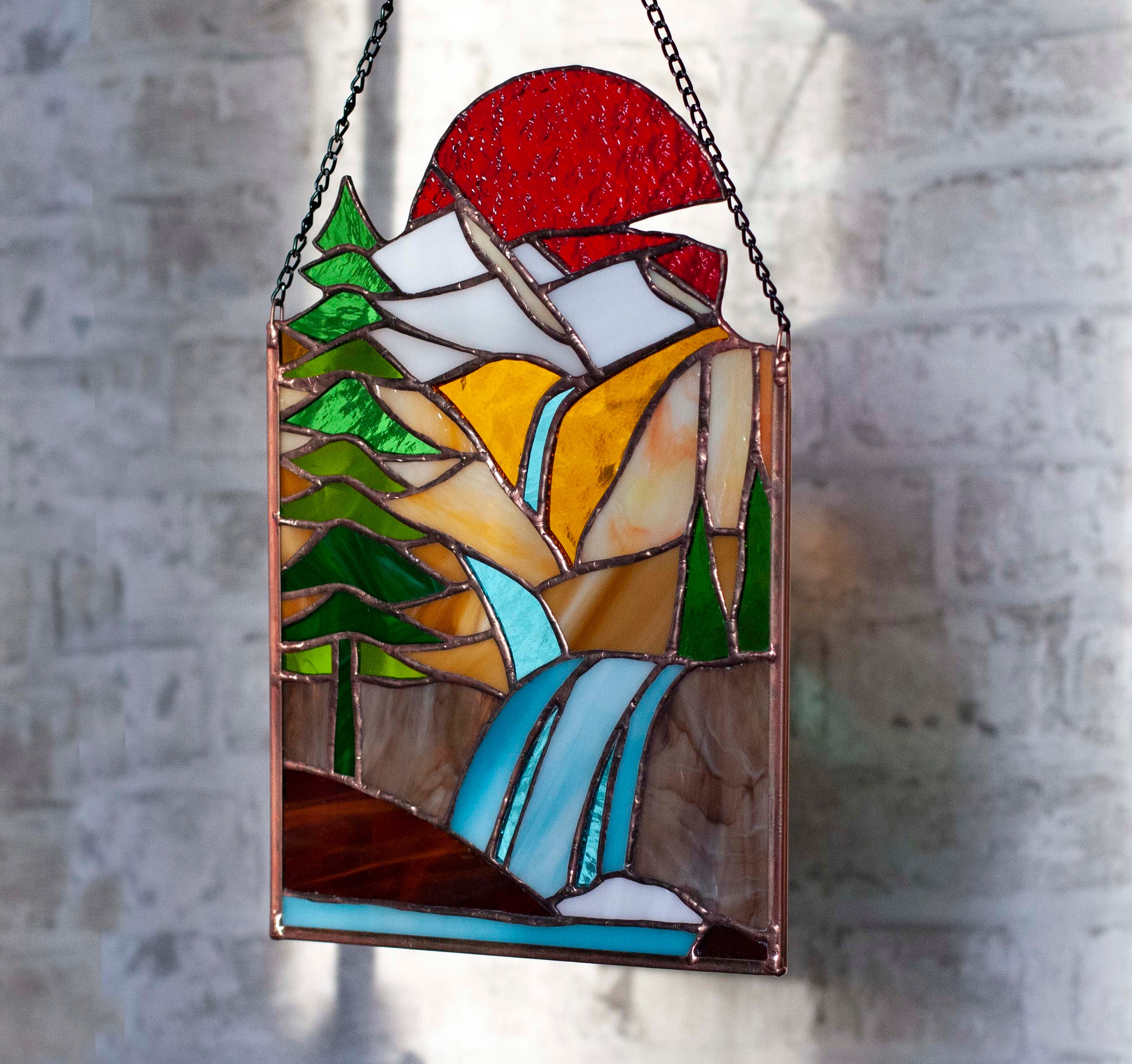 Stained glass mountain landscape/ Stained glass Waterfall Etsy