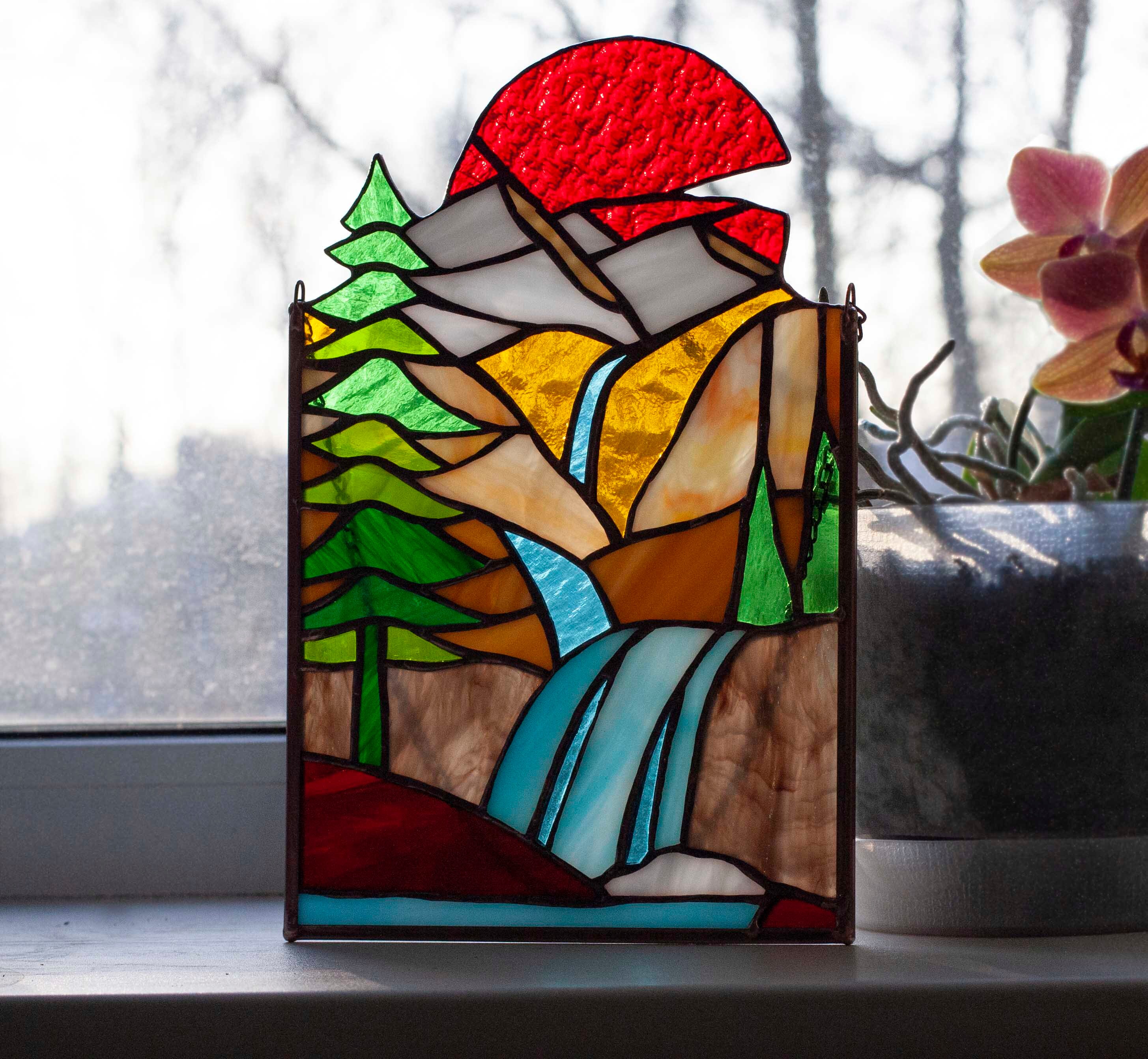 Stained glass mountain landscape/ Stained glass Waterfall Etsy