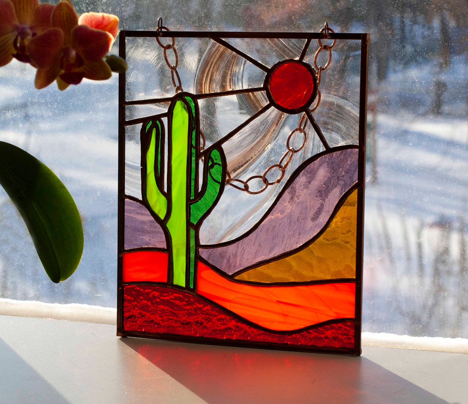 Stained glass panel Saguaro Cactus. Stained glass succulents. Etsy