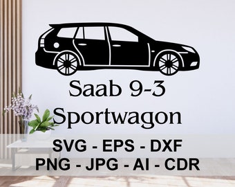 Saab 9-3, sportwagon, swedish car, Silhouette, SVG, Digital Files, graphic, vector, laser cut, plasma CNC, cutting, engraving, automotive