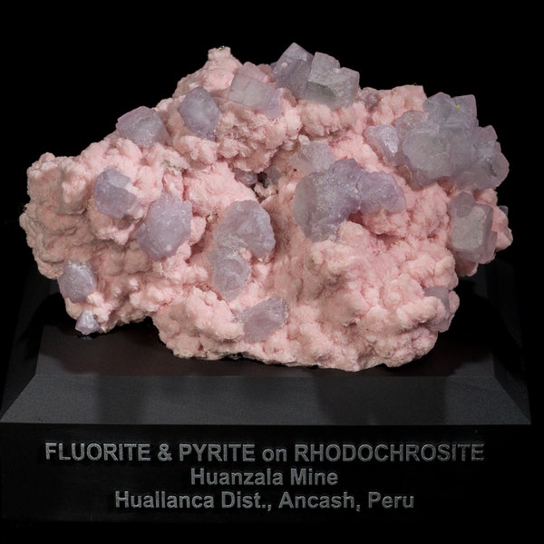 Fluorite & Pyrite on Rhodochrosite from Huanzala Mine in Peru