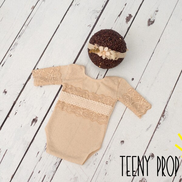 Newborn Romper & Head Tie Back Set, Cream Lace Romper Set, Newborn Set, Newborn Photo Prop, Long Sleeved, Upcycle, Beige Lace Outfit