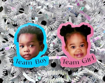Personalized Baby Picture Gender Reveal Stickers, Team Boy or Girl