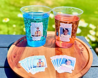Personalized Gender Reveal Cup Stickers: Team Boy or Girl, Photo Decor