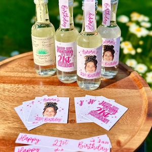 Personalized 21st Birthday Mini Tequila Bottle Labels – Fits 50ml Casamigos – Custom Photo Front, Sip Sip Hooray Back, Cap Label – Party Fav