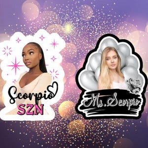 May include: Two digital stickers featuring a woman with dark hair and a white shirt. The first sticker has a pink heart and the text "Scorpio SZN". The second sticker has a black and white scorpion graphic and the text "Ms. Scorpio".