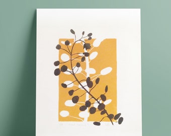 Original A4 wall art. Unique gift. Colourful wall art prints. Hand printed A4 lino and screen print. Nature inspired present made in the UK