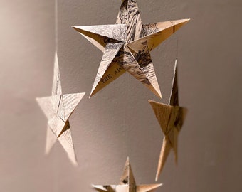 First Anniversary gift. Gift wrapped vintage paper stars. A unique trio of hanging origami stars for 1st paper anniversary.