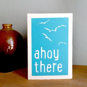 Hand printed lino print card - Original print - &#39;ahoy there&#39; block colour print