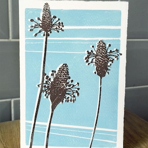Hand geprinte lino kaart - Originele print - Ribwort plant design. Thank You, Greeting & 'Just Because' kaarten