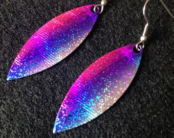 Fishing Lure Earrings-Gorgeous Holographic Purple, Blue, Pink and Silver Willow Leaf Dangle on Hypoallergenic Earwires