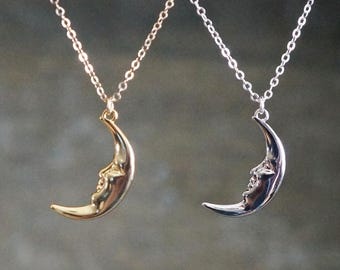 Crescent Moon Face Necklace // Silver or Gold Moon on a Shimmering Cable Chain, Celestial Jewelry, Simple Dainty Moon Charm Necklace