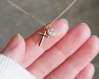 Cross and Crystal Heart Necklace // Dainty Cross and CZ Heart Pendants on a 14k Gold Filled Chain, Religious Medallion Protection Necklace