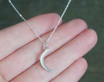 Silver Crescent Satellite Chain Necklace // Skinny Moon Pendant on a Sterling Silver Beaded Chain • Dainty Moon Necklace • Celestial Jewelry