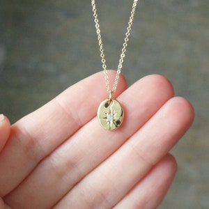North Star Necklace // Gold Compass Rose Necklace • Northern Star Pendant Necklace • Oval Disc Charm with CZ Starburst • Celestial Jewelry