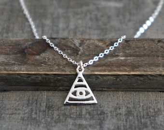 All Seeing Eye Necklace / Sterling Silver Pendant on a Dainty Sterling Silver Chain • Eye in Triangle Charm Necklace • Ancient Secret Symbol